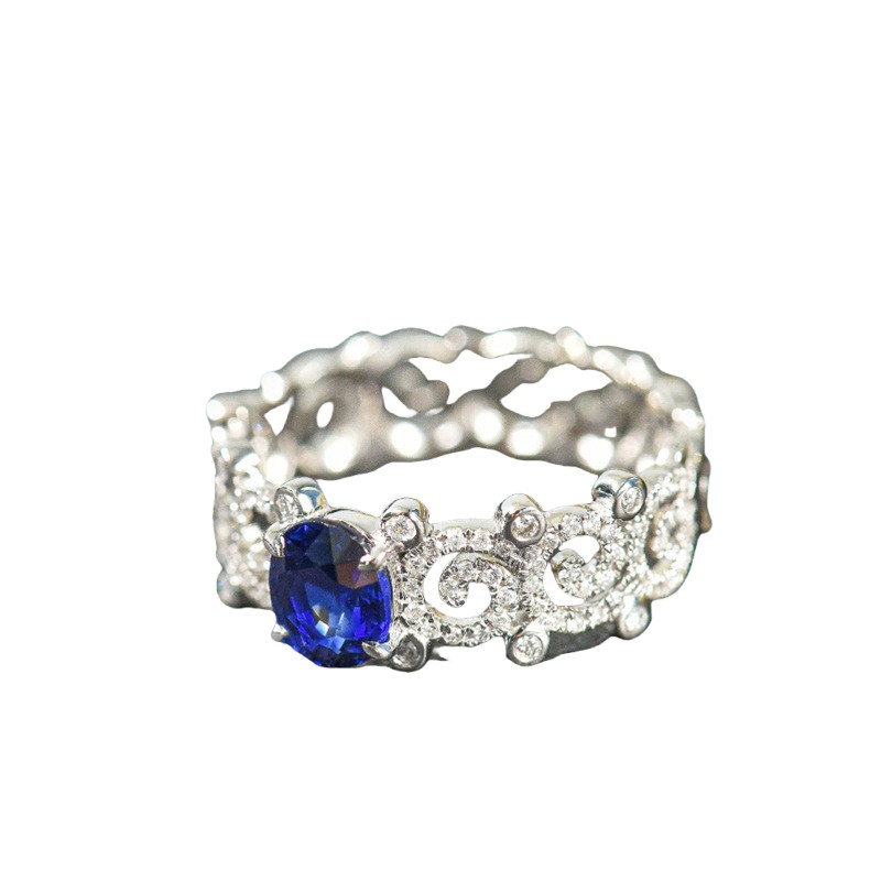 Sterg Sier Blue Sapphire CZ Dia Leaf Ring | Elegant Hollow Party Wedding Band