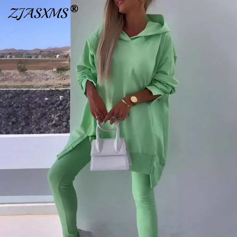 Casual Sport Split Hooded Sweatshirt Leggings Two Piece Set Women Fall Pure Loose Tracksuit Outfit Winter Long Sleeve Comfy Suit 240930
