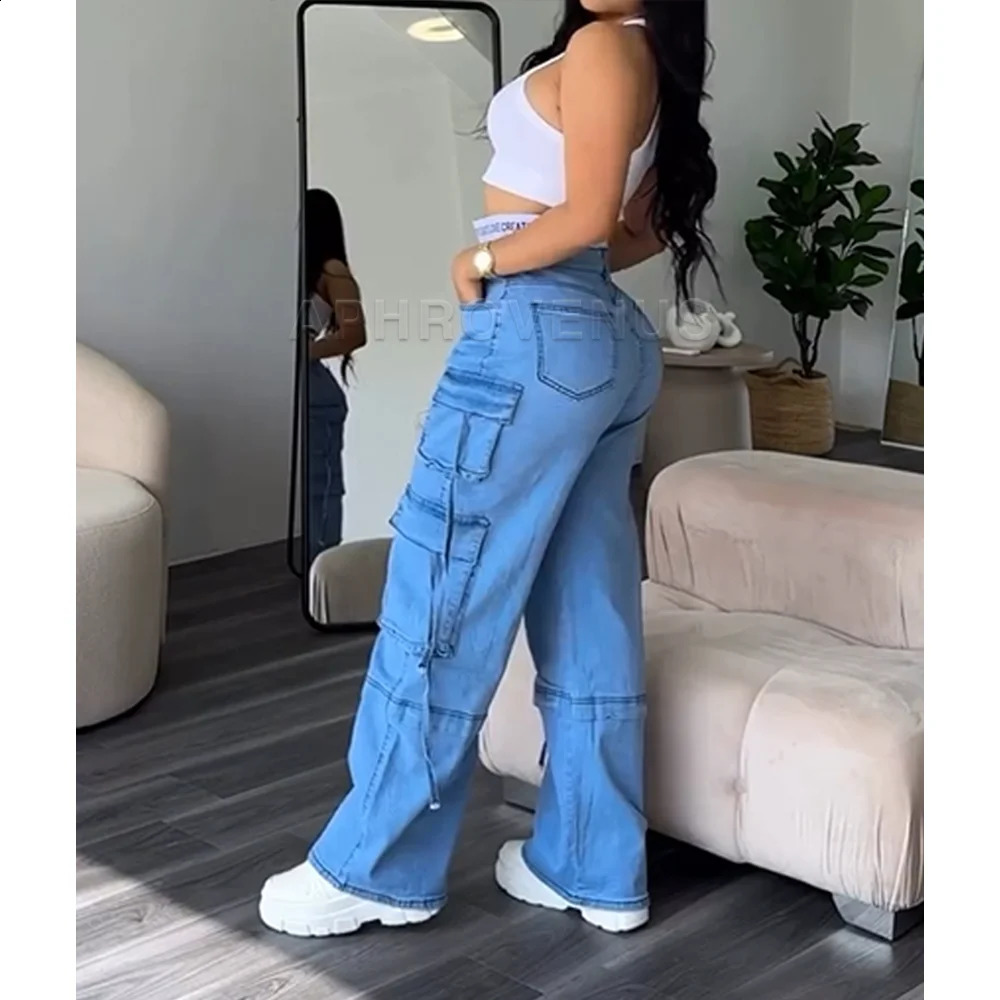 Hiphop Jeans: Women's High Waisted Wide Leg Denim Trousers, Loose Fit Streetwear Pants in Colorblocked Design