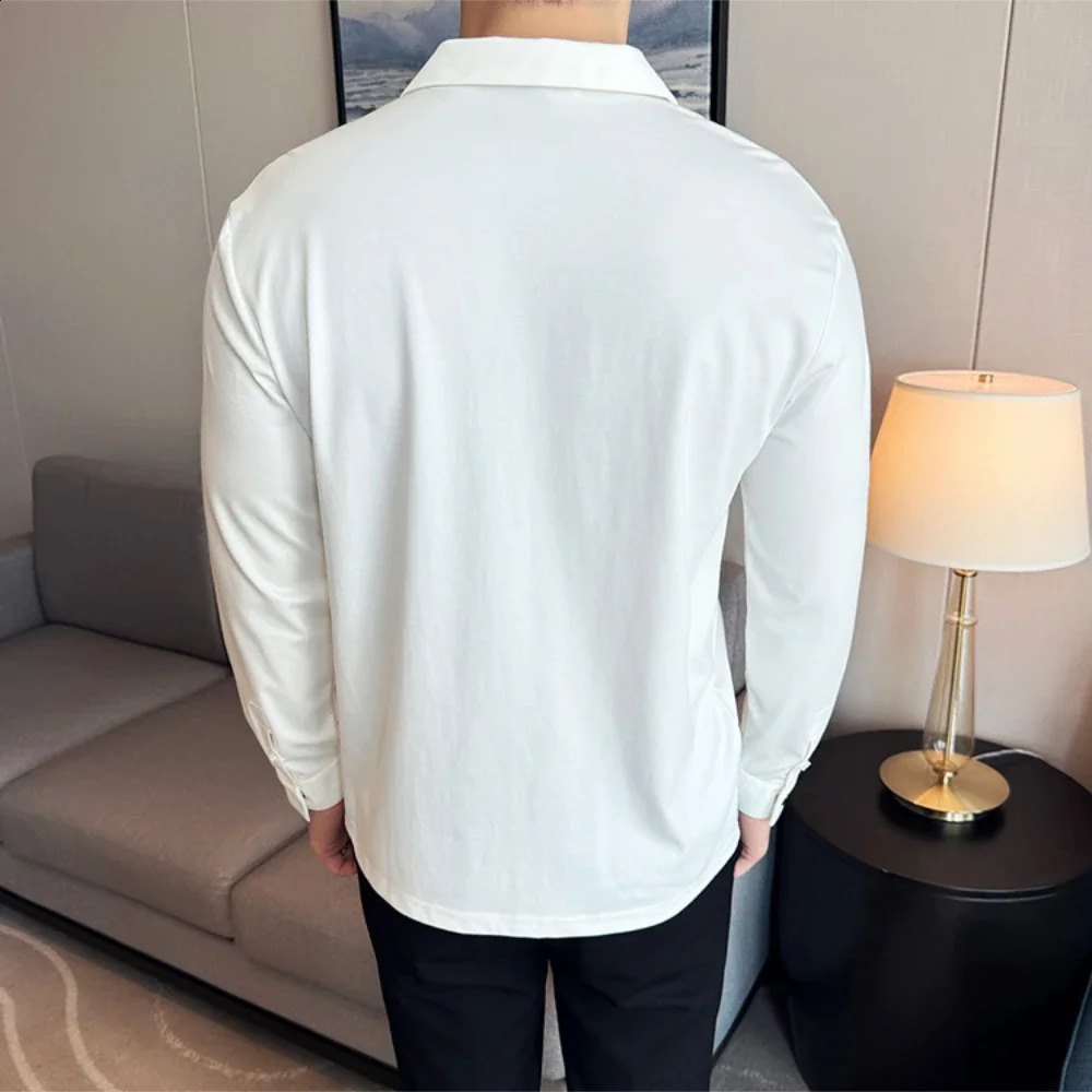Mens Cuban collar long sleeved polo shirt premium set top seamless lapel slim fit Tshirt business casual royal blue 240930