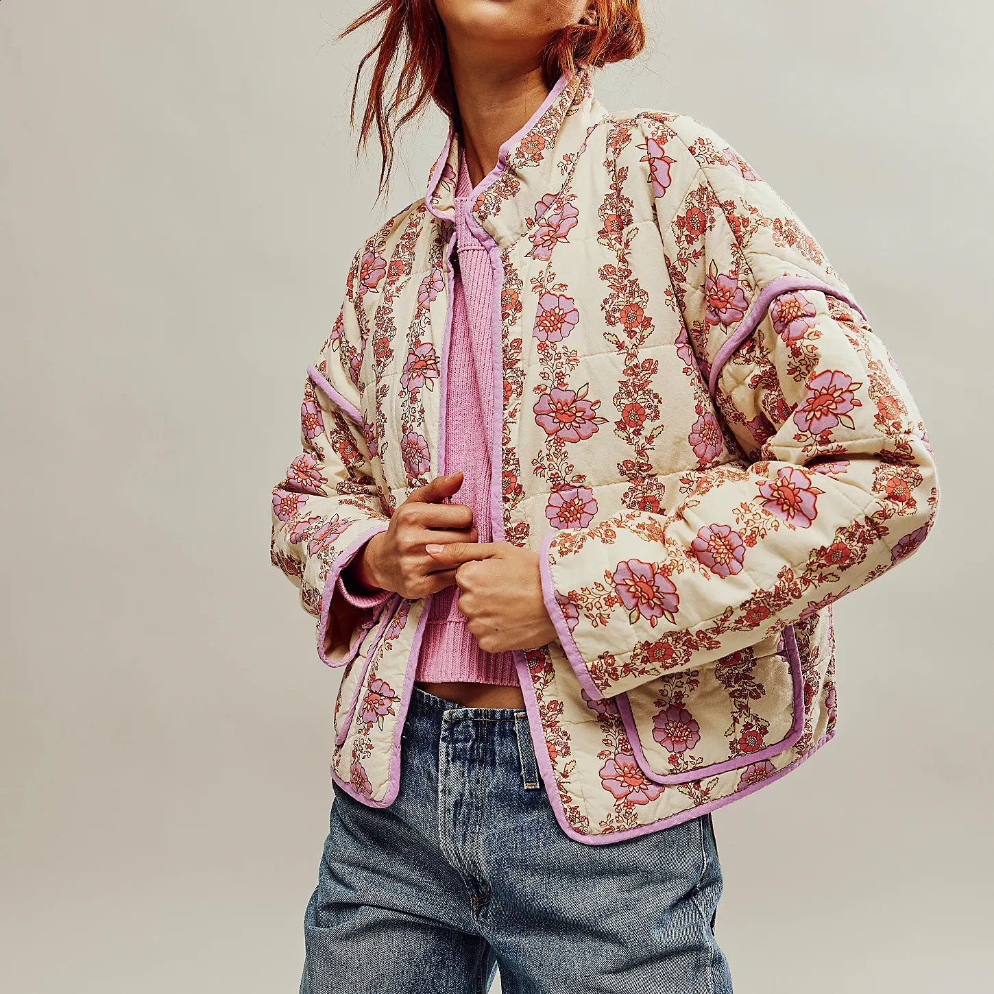 Womens Y2k Cut Quilted Jacket Retro Floral Printed Open Front Lightweight Inflatable Jacket Filled Quilted Cardigan Coat 240924