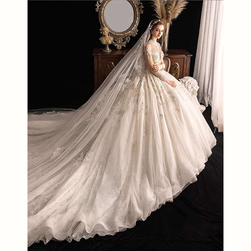High Classic Neck Long Sleeved Wedding Dress Sequined Beaded Lace Applique Bridal Gown Fashion Traig Princess Bride Dresses es