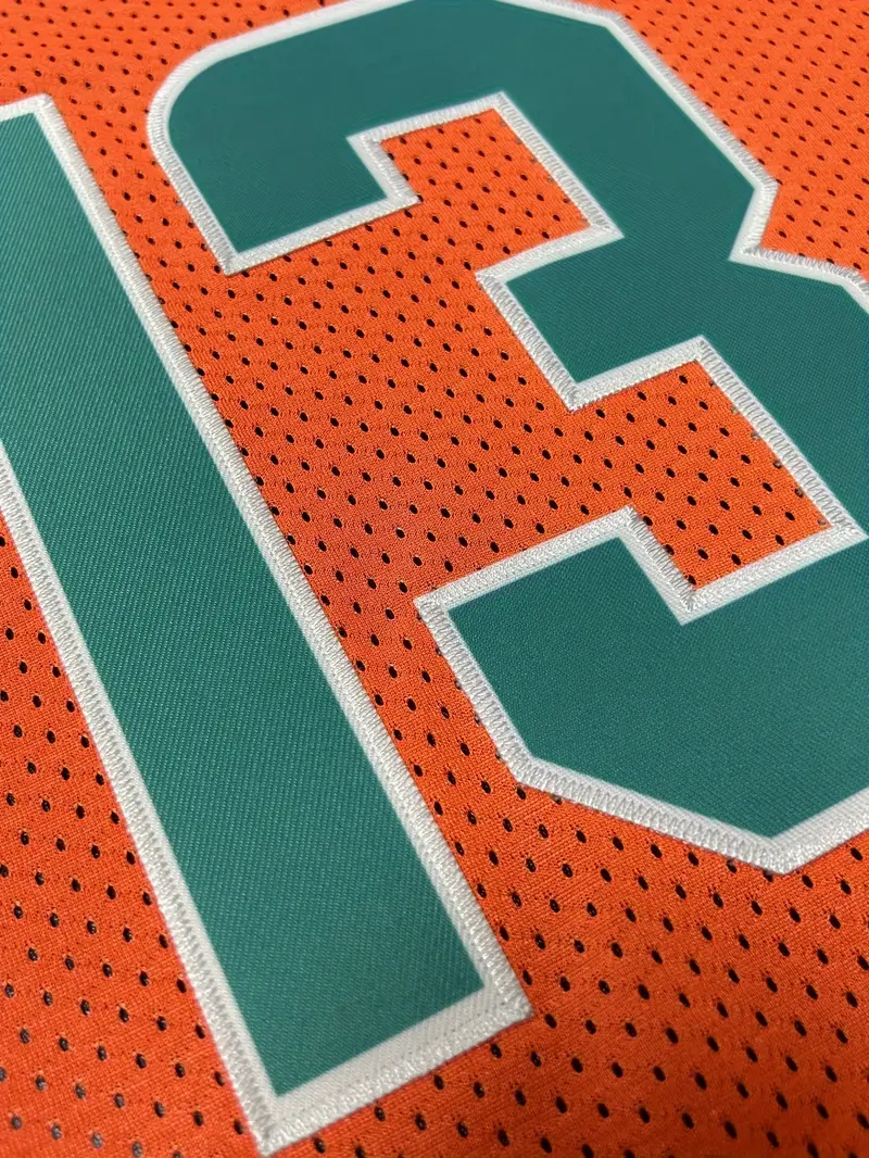 #13 Dan Marino Comfy V-Neck Football Jersey Orange Mesh Embroidery for Training and Competition Breathable Moisture-Wicking American Football Shirt
