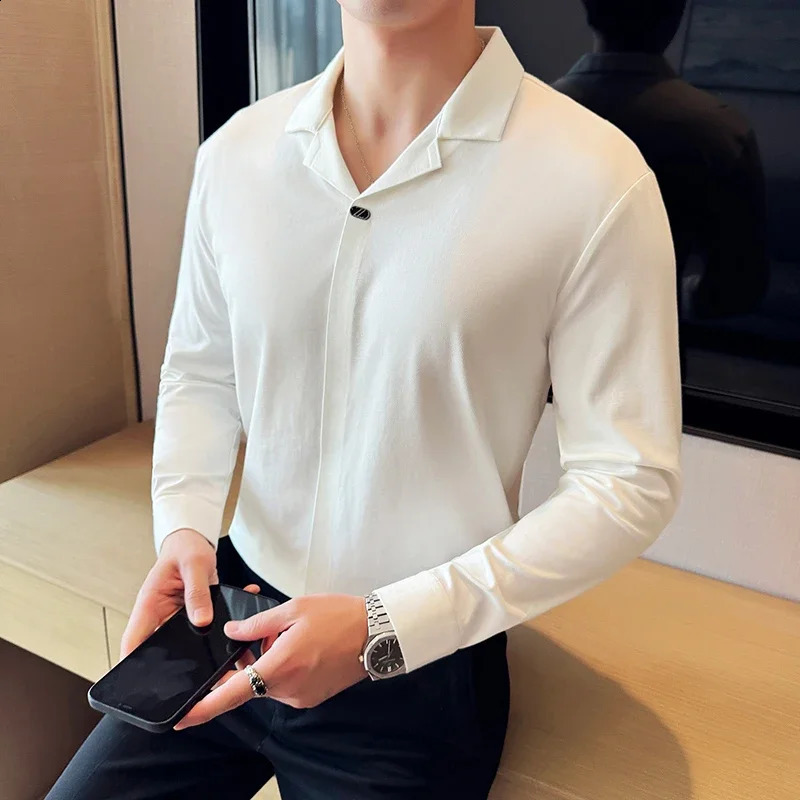 Mens Cuban collar long sleeved polo shirt premium set top seamless lapel slim fit Tshirt business casual royal blue 240930