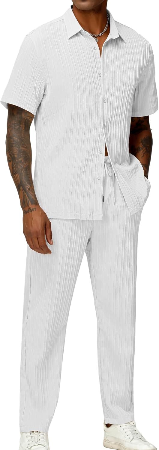 designer tracksuit men's 2piece vertical striped texture clothing summer casual button up shirt and pants matching set