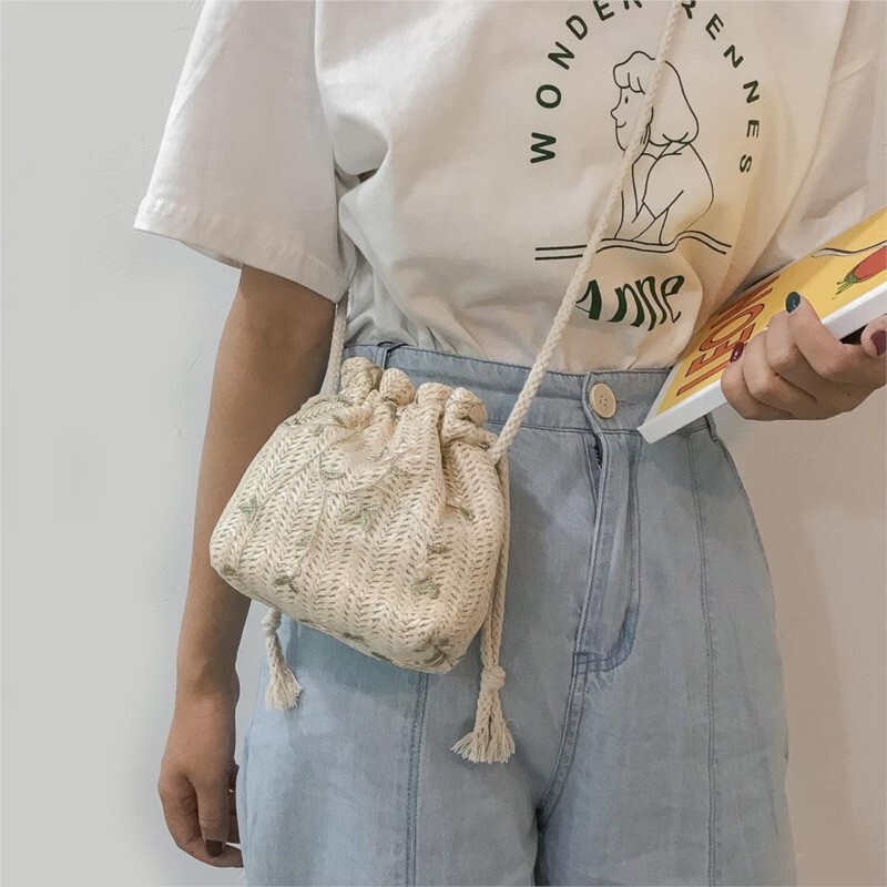 Womens Designer Shoulder Bags - Woven with Floral Embroidery, Drawstring Closure, Lightweight hot Ladies Beach Bag for Travel, Crossbody Style