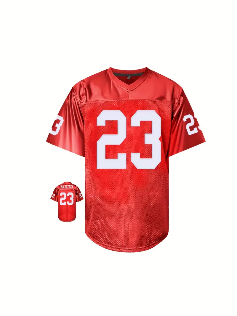 #23 Christian McCaffrey Comfy V-Neck Football Jersey Red Mesh Embroidery for Training and Competition Breathable Moisture-Wicking Short Sleeve Top for