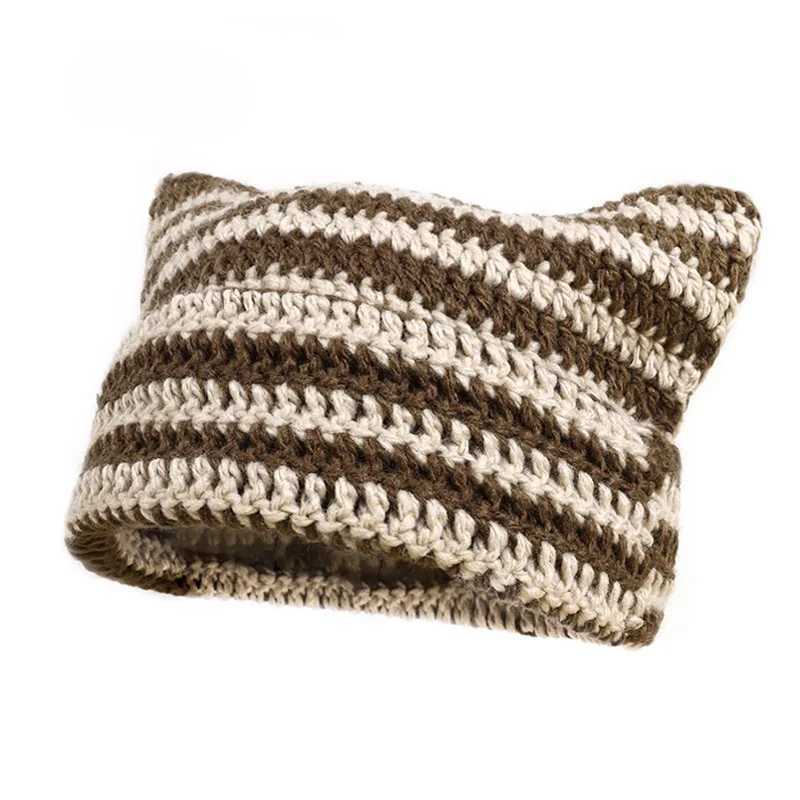 Womens Crochet Hats with Ears Ladies Knitted Beanie Striped Y2k Funny Cat Style Autumn Winter Green Beige Black Gray WhiteX241005