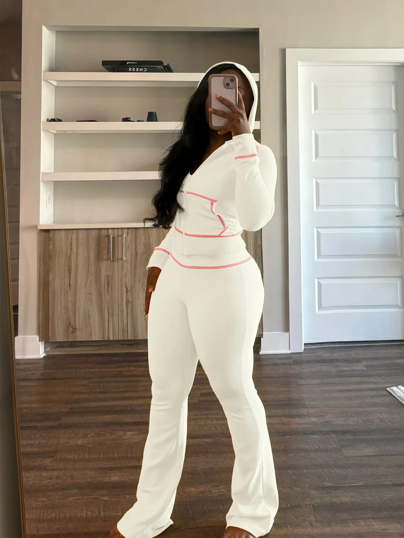 Waffle texture fabric shoulder cuff cap micro glitter pants casual 2piece set for women autumn fashion runner Y2K Harajuku 240927