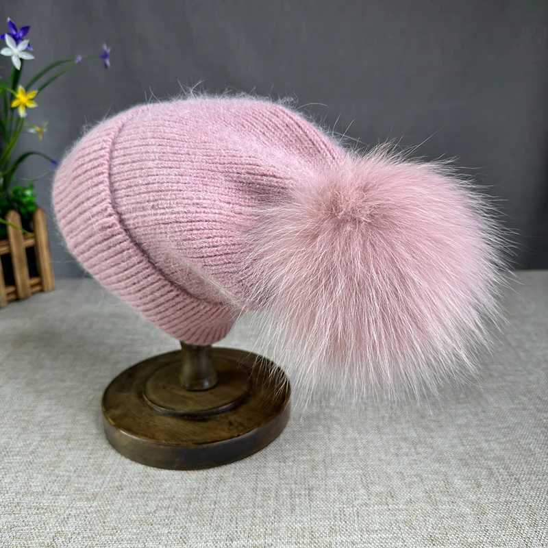 New Angora fur winter hat For Women Fluffy fox fur pompom hat Beanies Luxury Big size Bonnet Female Soft Warm Skullies hatX241005