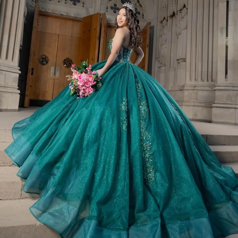Emerald Green Quinceanera Dresses Off The Shoulder Appliques Lace Beads Sweet 16 Birthday Party Pageant Dress Vestidos 15 De Anos