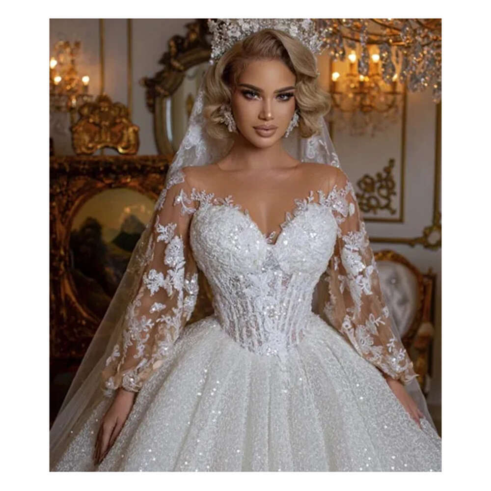 Gorgeous Sweetheart Wedding Dress Lace Applique Sequins Beaded Long Sleeve Princess Bride Gown Vestidos De Novia 0228Lz