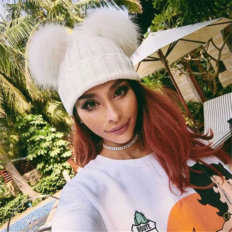 Fur Ball Cap 2 Pom Poms Winter Hat for Women Girl s Wool Hat Knitted Cotton Beanies Cap Brand New Thick Female CapX241005