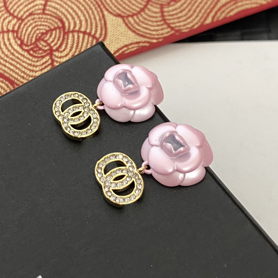 Never Fading Pink Flower Designer Ear Stud Earrings Pearl Real Gold Brass Copper Stamp Letter Earring Fashion Womens Elegance Wedding Party Jewelry Accessories