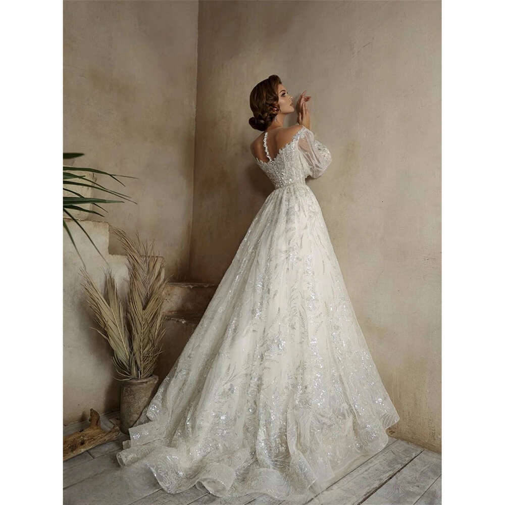 Elegant Tulle O Neck A e Wedding Sweetheart Applique Beading Lace Bridal Gown Illusion Puff Sleeve Princess Bride Dress