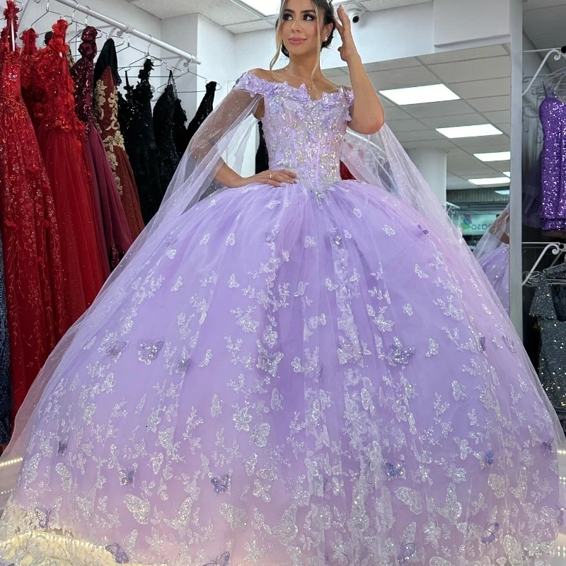 Lavender Shiny Off Shoulder Quinceanera Dresses Lace Bow Beads Tull With Cape Corset Birthday Party Gown Sweet 16 Vestidos 15 De XV Anos