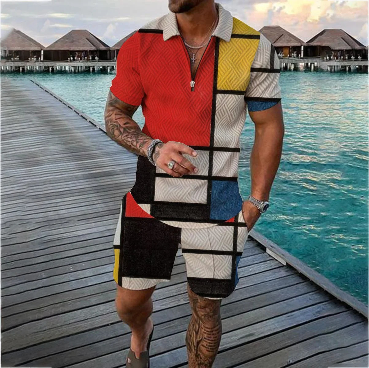Summer mens sports patch work pattern short sleeved fashionable zipper polo shirt and shorts set mens casual streetwear 2-pie 240930