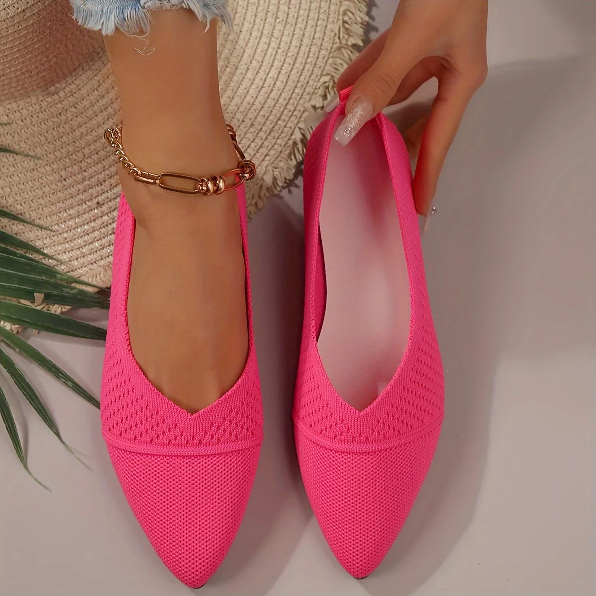 Womens flat shoes toe solid color knitted slider womens shoes casual breathable ballet womens flat shoes womens flat shoes 241223