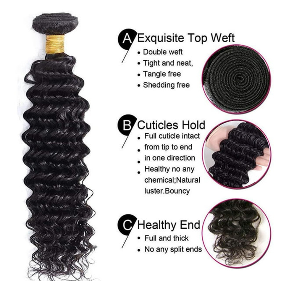 Deep Wave Bundles Brazilian 100% Unprocessed Virgin Human Hair 3 Bundle With 13X4 Lace Frontal Closure