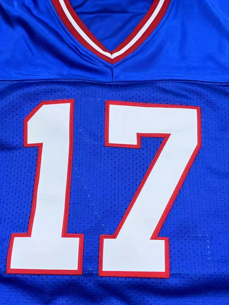 #17 Josh Allen Comfy V-Neck Football Jersey Blue Mesh Embroidery for Training and Competition Breathable Moisture-Wicking Short Sleeve Top for Active 