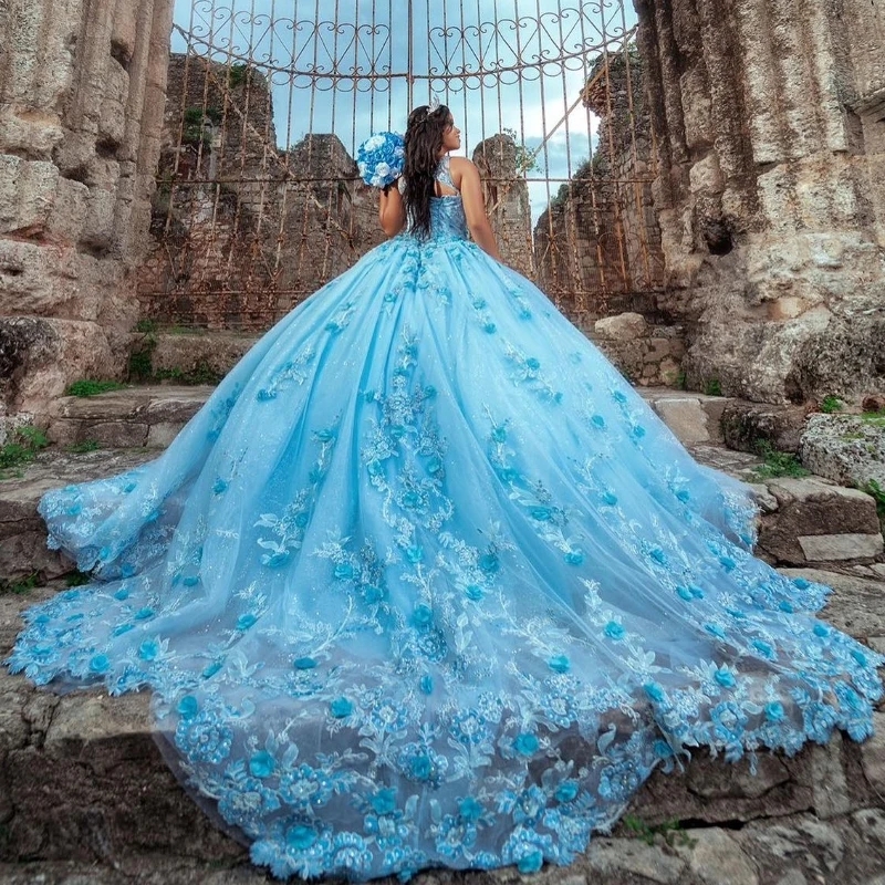 Sky Blue Shiny Quinceanera Dresses 3D Flowers Appliques Beading Tull Sequins Ball Gowns Princess Graduation Vestidos De 15 Anos Sweet 16 Dress