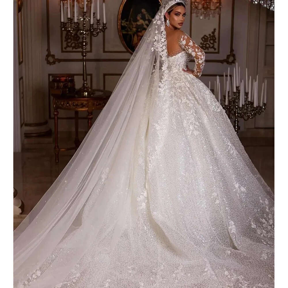 Tulle O Neck Wedding Dress Lace Applique Sequined Beaded Long Sleeve Princess Bride Gowns Vestido De Novia 0228Lz