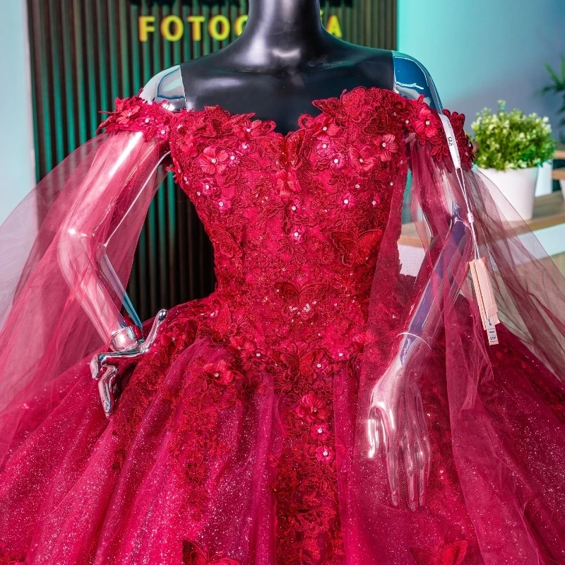 Luxury Red Shiny Off The Shoulder Quinceanera Dresses Lace Appliques Bow Tull Ball Gown Princess Puffy Vestido De 15 Anos Sweet 16 Dress