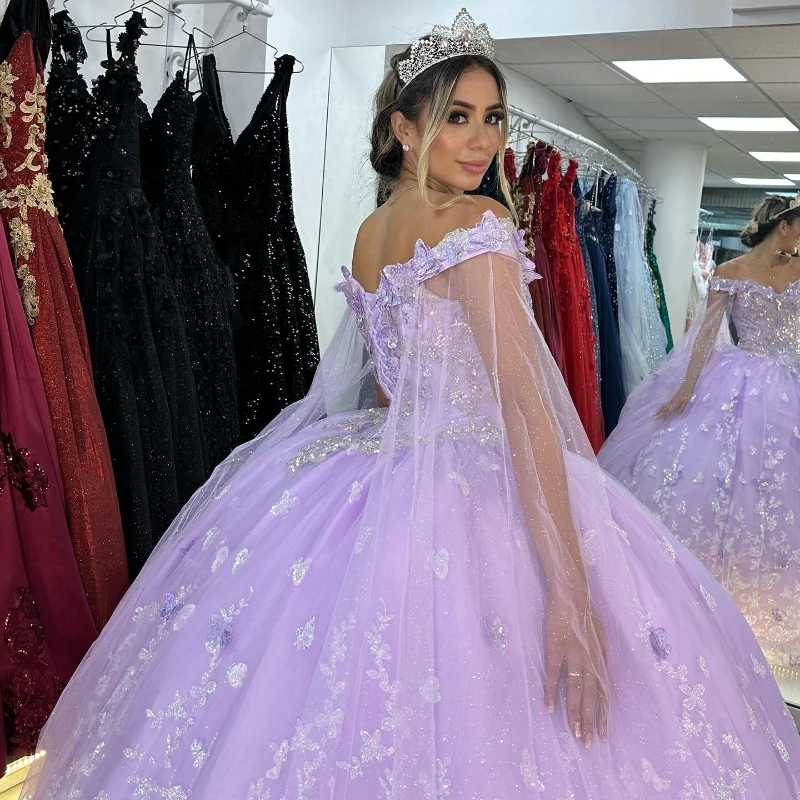 Lavender Shiny Off Shoulder Quinceanera Dresses Lace Bow Beads Tull With Cape Corset Birthday Party Gown Sweet 16 Vestidos 15 De XV Anos