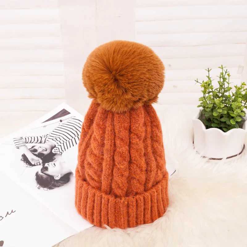 Fashion Knitted Winter Hat Striped Womens Winter Hats 2022 Pink Fur Pompom Wool Beanies Thick Skullies Cap Faux Pom pom HatX241005
