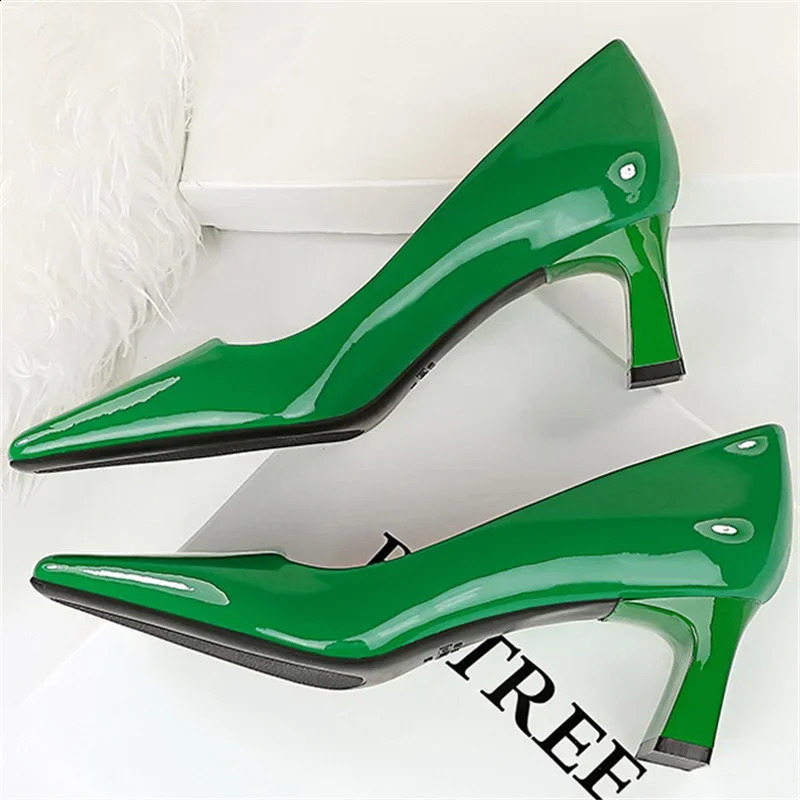 Women 6cm High Pumps Lady Square New Toe Glossy Patent Leather Block Low Heels Girl Green Blue Nude Wine Red Quality Shoes 240924