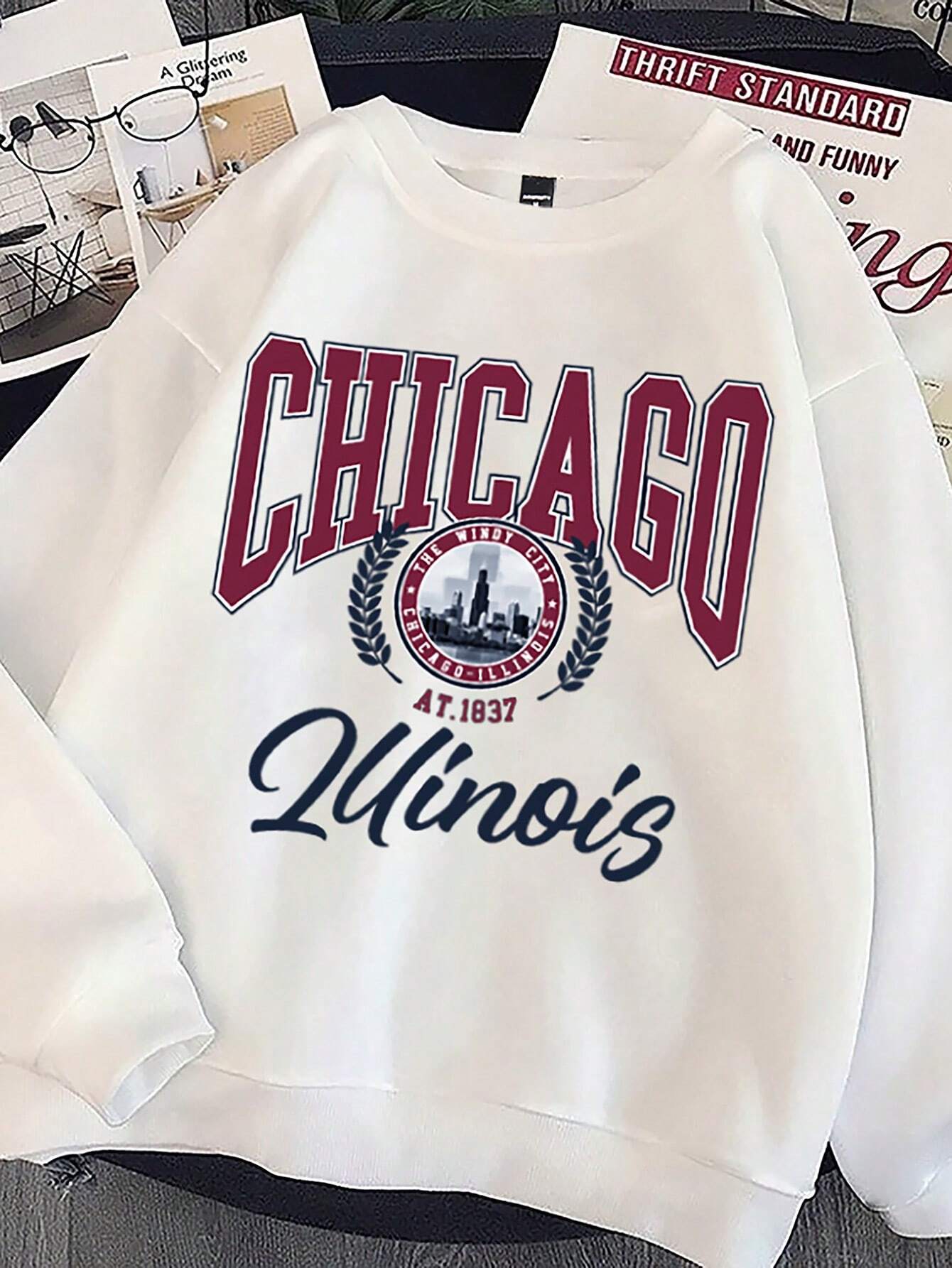 Men's Loose Fit Letter Print Fleece Lined Casual Sweatshirt, Autumn/Winter