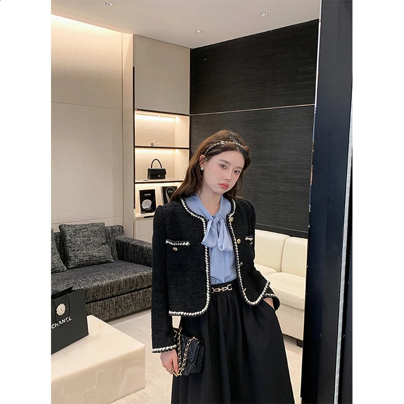 Vintage Cropped Tweed Jacket Womens Elegant Black Thick Coat Korean Single Chest Casual Warm Coat Top 240930