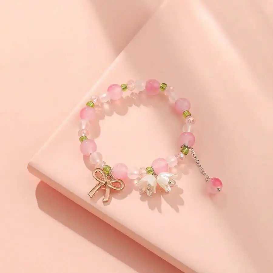 Flower shaped metal bow knot charm beads elastic bracelet pink opal round beads green spaced beads cute girl elastic bracelet W241004