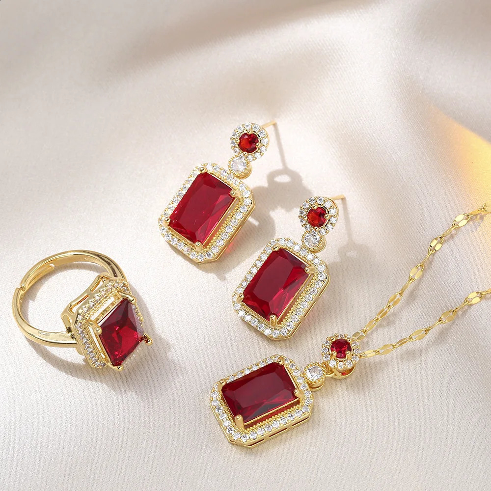 Emerald Color Earring Necklace Rings Set For Woman Stainless Steel Zircon Rectangle Pendant Party Jewelry Gift 240926