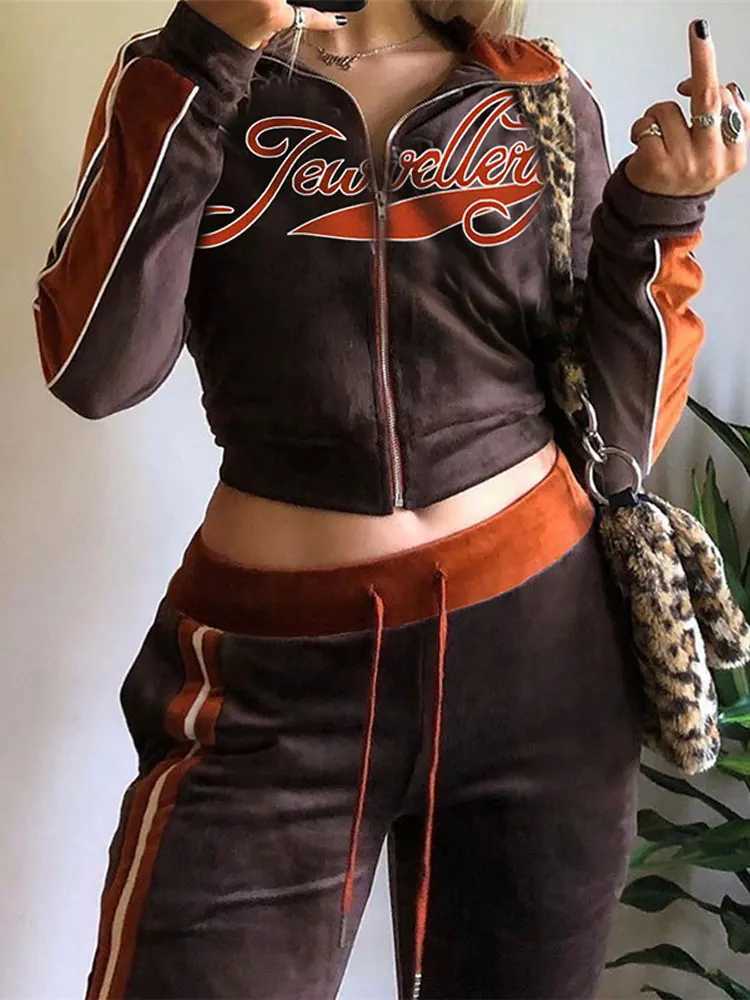 Womens Two Piece Pants Womens letter printed suede jacket 2piece set Tracksuit contrasting color straight sports pants matching set womens sportswea Y