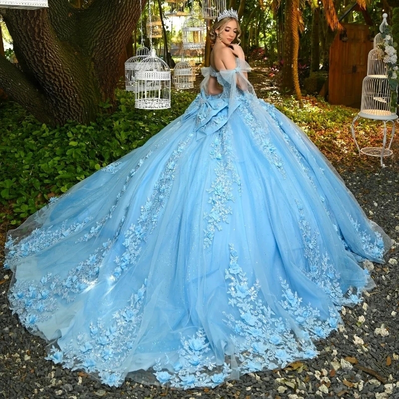 Sky Blue Luxury Quinceanera Dresses Off The Shoulder Appliques Lace Beads Princess Ball Gowns Sweet 16 Dress Vestidos De 15 Anos