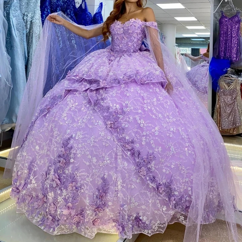 Sparkly Lilac Quinceanera Dresses Ball Gown 3D Flower Applique Beading Tull With Cape Mexico Corset Sweet 16 Vestidos De 15 Anos