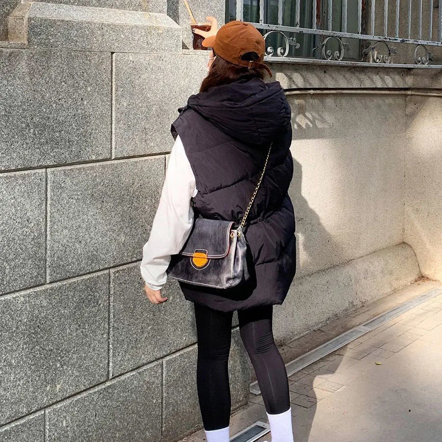 Winter Cotton Tank Top Coats Womens Student Parkas Korean Loose Belt Hoodie Elegant Sleeveless Top 240929
