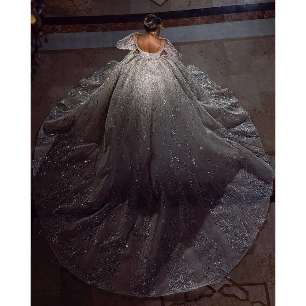 Gown Ball Wedding Elegant Sweetheart Collar Lace Applique Beaded Long Sleeve Princess Bride Dress