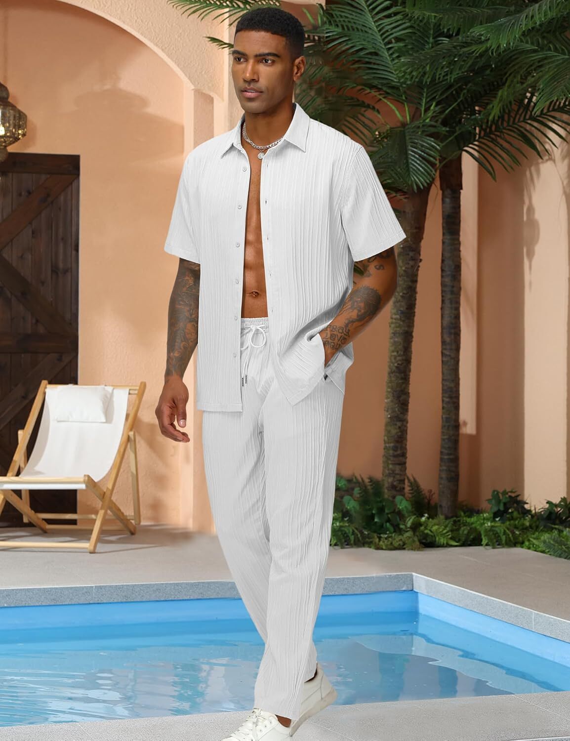 designer tracksuit men's 2piece vertical striped texture clothing summer casual button up shirt and pants matching set