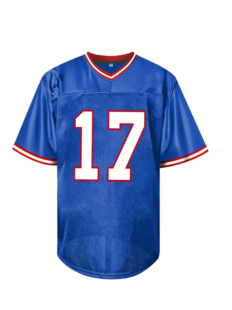 #17 Josh Allen Comfy V-Neck Football Jersey Blue Mesh Embroidery for Training and Competition Breathable Moisture-Wicking Short Sleeve Top for Active 