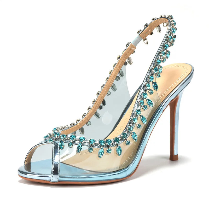 Sexy Peep toe transparent PVC womens pump crystal tassel suspender thin high heels spring/summer wedding party shoes 240925