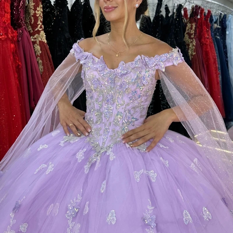 Lavender Shiny Off Shoulder Quinceanera Dresses Lace Bow Beads Tull With Cape Corset Birthday Party Gown Sweet 16 Vestidos 15 De XV Anos