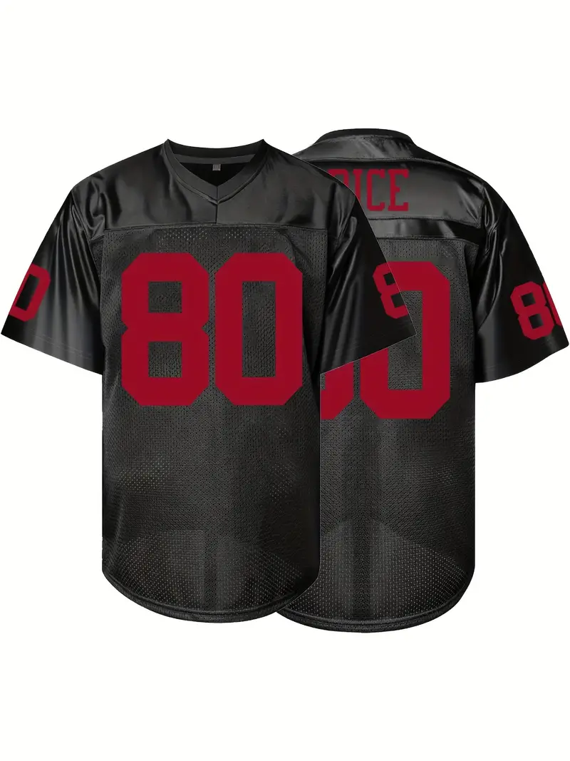 #80 Jerry Rice Comfy V-Neck Football Jersey Black Mesh Embroidery for Training and Competition Breathable Moisture-Wicking Short Sleeve Top for Active
