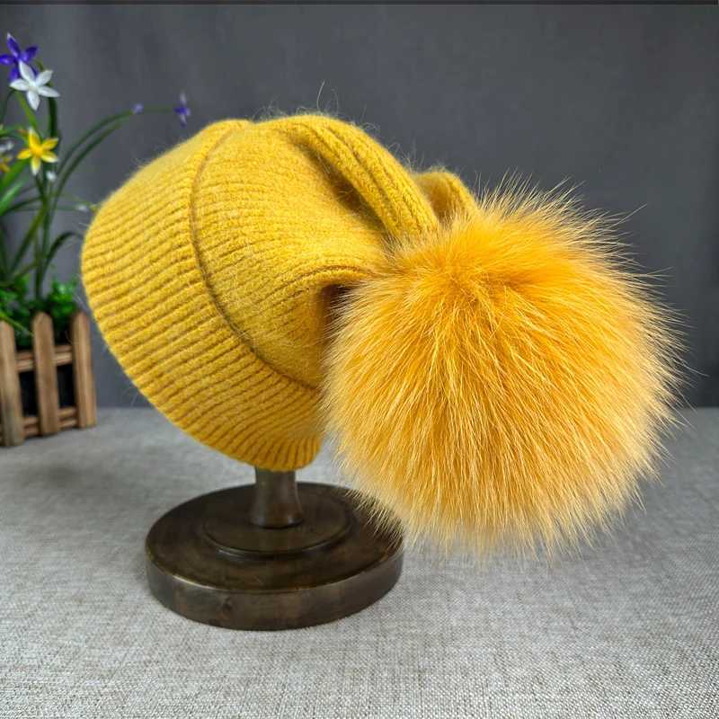 New Angora fur winter hat For Women Fluffy fox fur pompom hat Beanies Luxury Big size Bonnet Female Soft Warm Skullies hatX241005