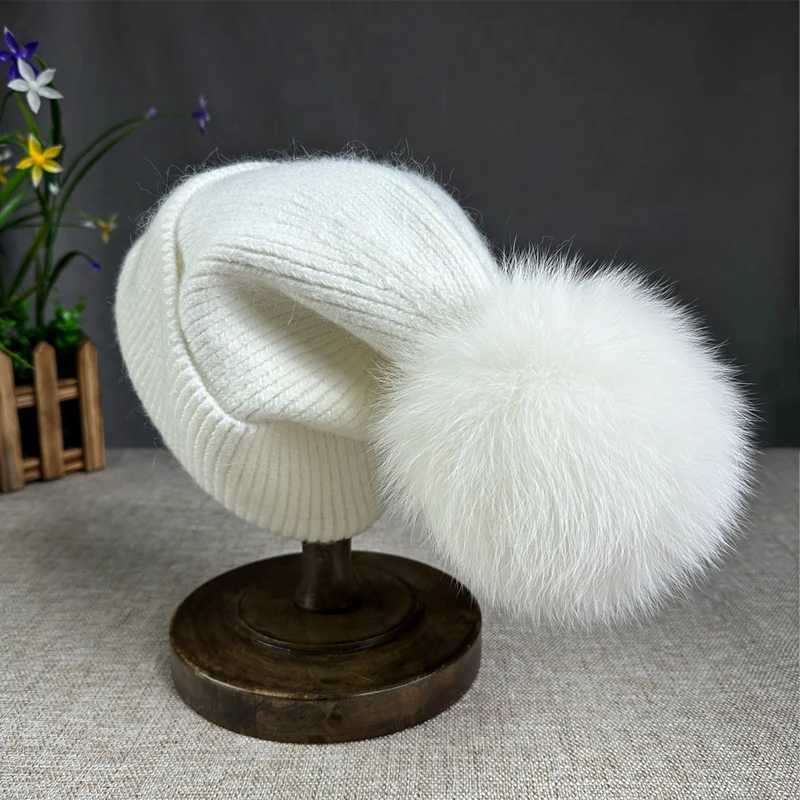 New Angora fur winter hat For Women Fluffy fox fur pompom hat Beanies Luxury Big size Bonnet Female Soft Warm Skullies hatX241005