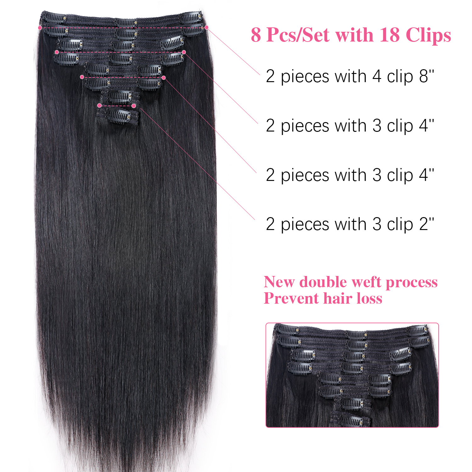 18 Clips In Extensions Brazilian Natural Color Straight Real Human 8 Pieces 12-32 Inches Hair Extensionsfor Women