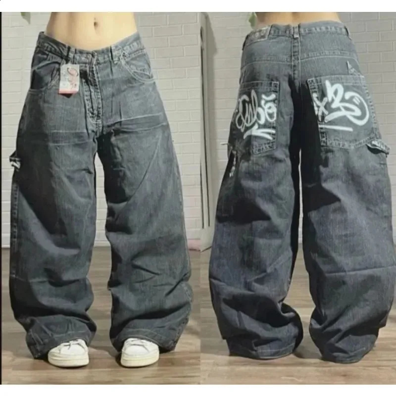 Y2K Harajuku Fashion Pattern Printed Bag Jeans Womens Street Retro Casual Clown Gothic High Waist Wide Leg Pants 240930