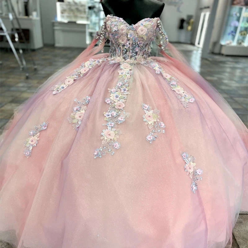 Mexico Pink Ball Gown Quinceanera Dresses Beaded Appliques Lace Tull Birthday Party Gowns Sweet 16 Party Birthday Vestido Xv De 15 Anos