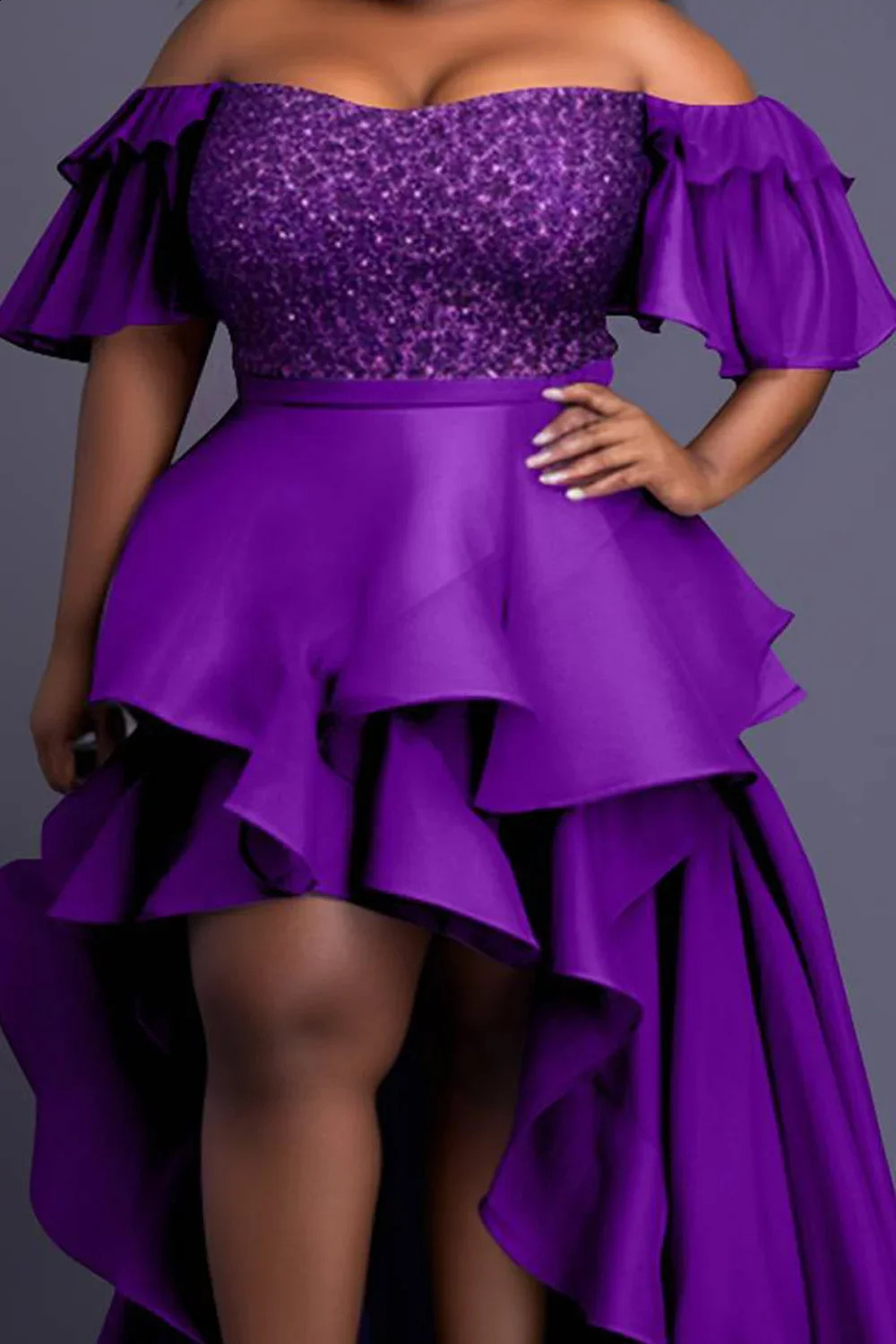 Womens plus size dress elegant purple shoulder ruffled sleeves asymmetrical hem wedding guests party evening dress 240929